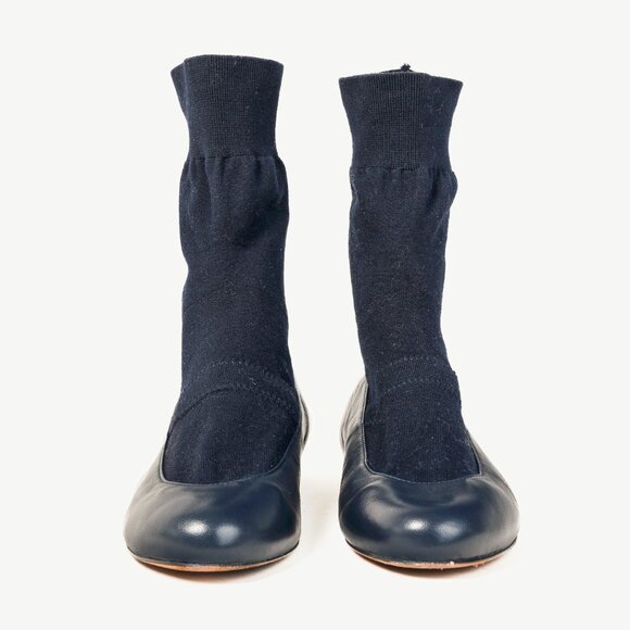 Tibi Borg Navy Leather Flat Sock Boots - Picture 2 of 8